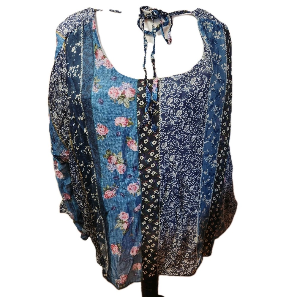 Le Marais Paris Womens Large Silk Blouse Teal Blue Floral Boho Cottagecore Top